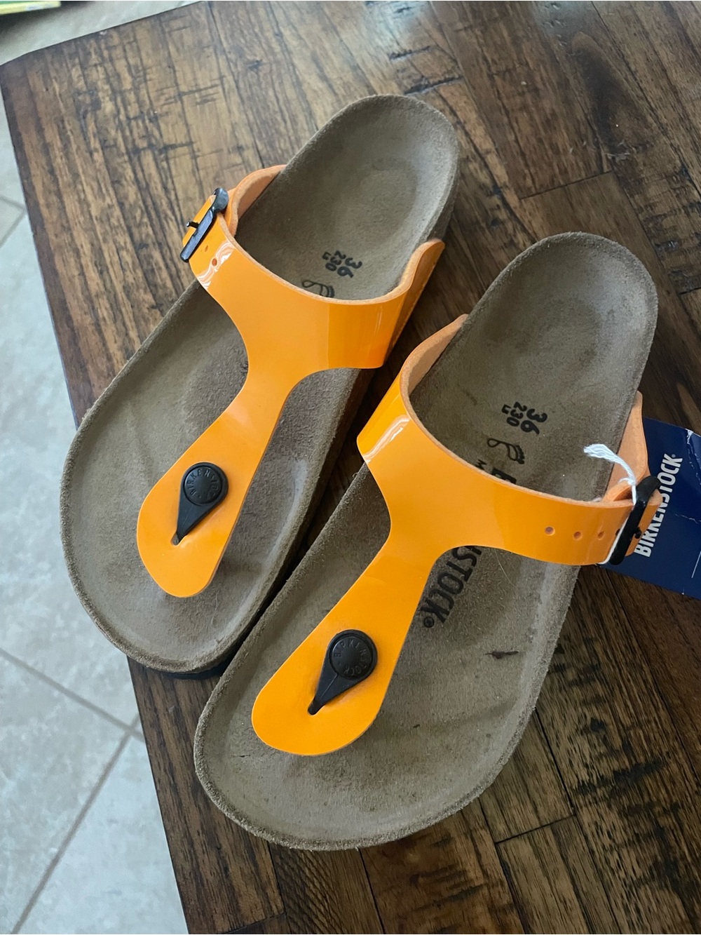 Birkenstock Patent Leather Orange Gizeh Sandals